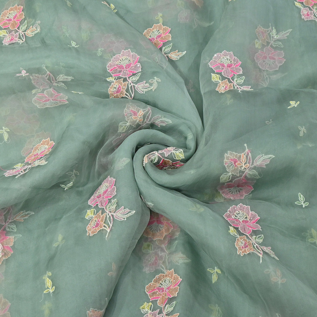 Dyed Silk Organza Thread & Moti Embroidery Fabric | Floral Embroidered Organza | V1957C-4
