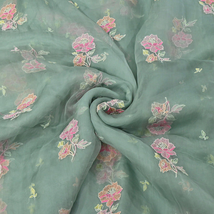 Dyed Silk Organza Thread & Moti Embroidery Fabric | Floral Embroidered Organza | V1957C-4