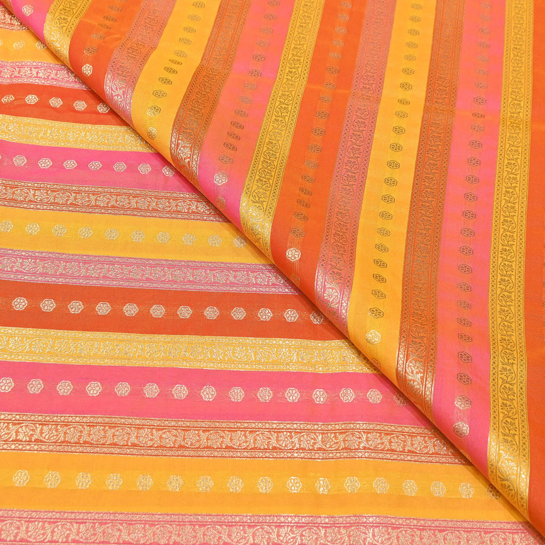 Premium Katan Silk Multi Rangat Zari Brocade Fabric | Multicolor Stripes & Zari Buti | RANG225-1