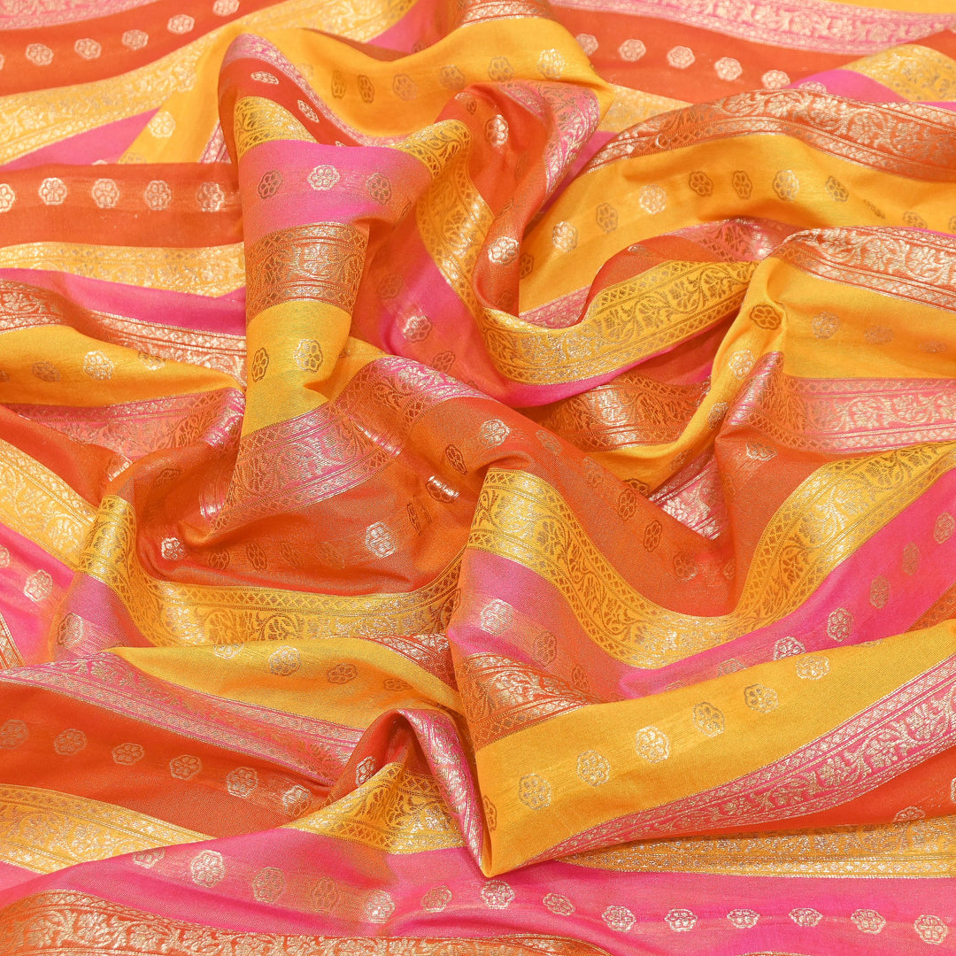 Premium Katan Silk Multi Rangat Zari Brocade Fabric | Multicolor Stripes & Zari Buti | RANG225-1