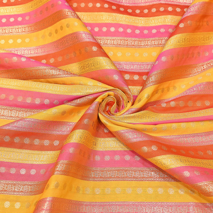 Premium Katan Silk Multi Rangat Zari Brocade Fabric | Multicolor Stripes & Zari Buti | RANG225-1