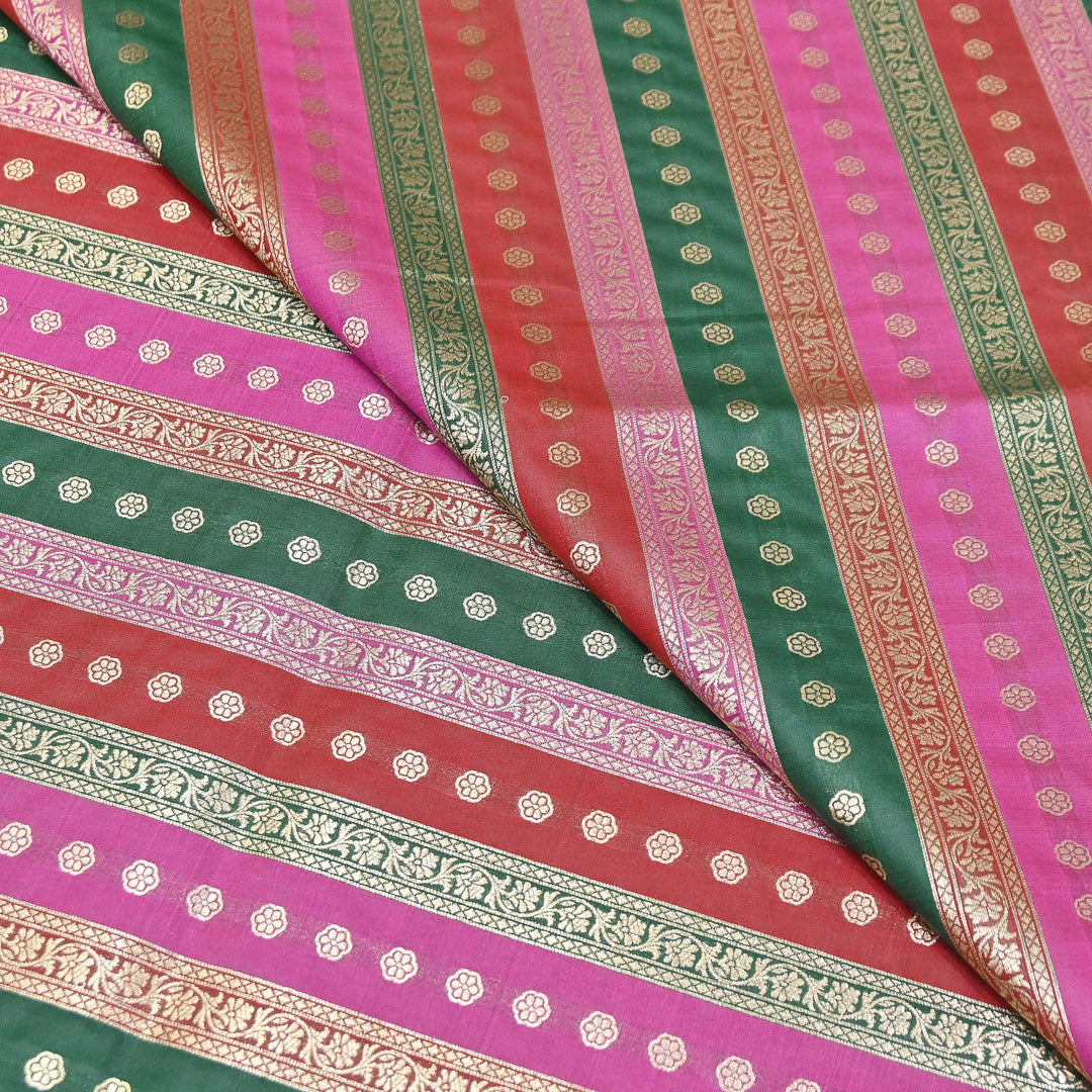 Premium Katan Silk Multi Rangat Zari Brocade Fabric | Multicolor Stripes & Zari Buti | RANG225-2