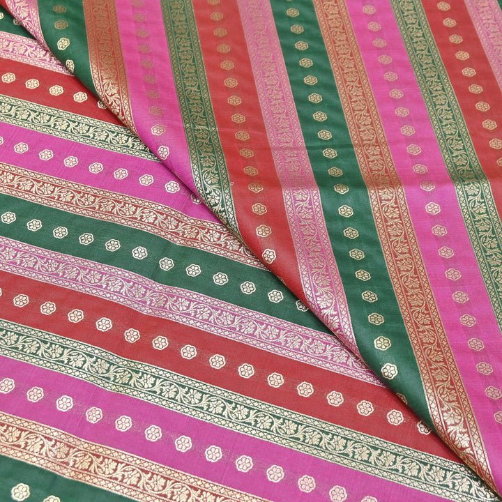 Premium Katan Silk Multi Rangat Zari Brocade Fabric | Multicolor Stripes & Zari Buti | RANG225-2