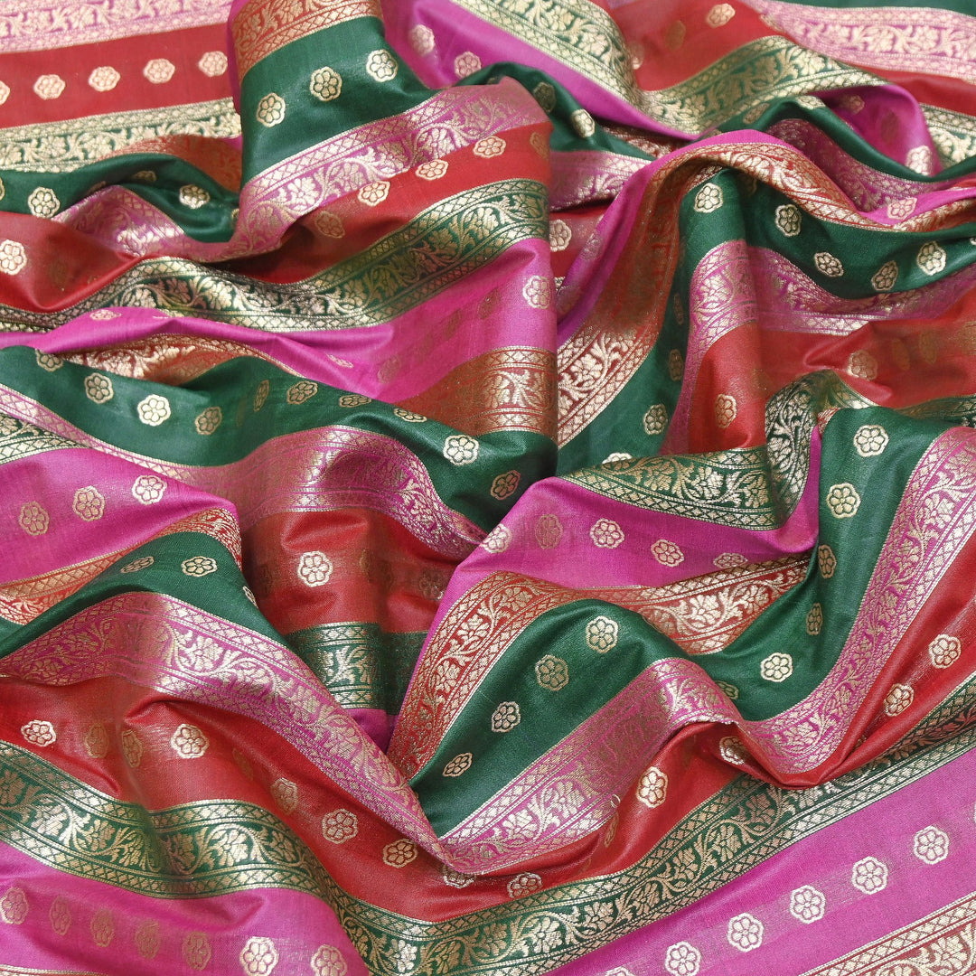 Premium Katan Silk Multi Rangat Zari Brocade Fabric | Multicolor Stripes & Zari Buti | RANG225-2