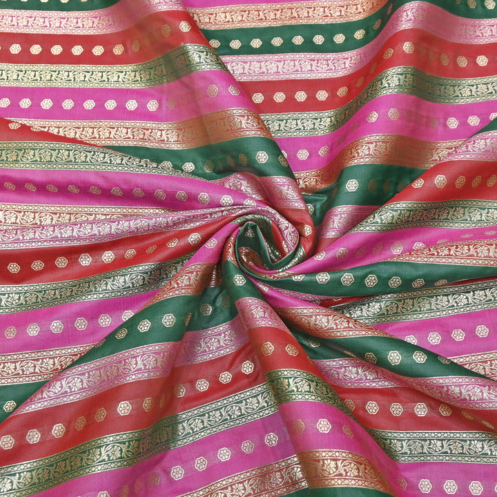 Premium Katan Silk Multi Rangat Zari Brocade Fabric | Multicolor Stripes & Zari Buti | RANG225-2