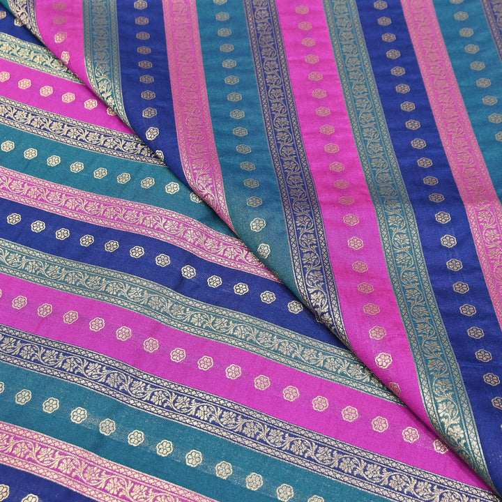 Premium Katan Silk Multi Rangat Zari Brocade Fabric | Multicolor Stripes & Zari Buti | RANG225-3