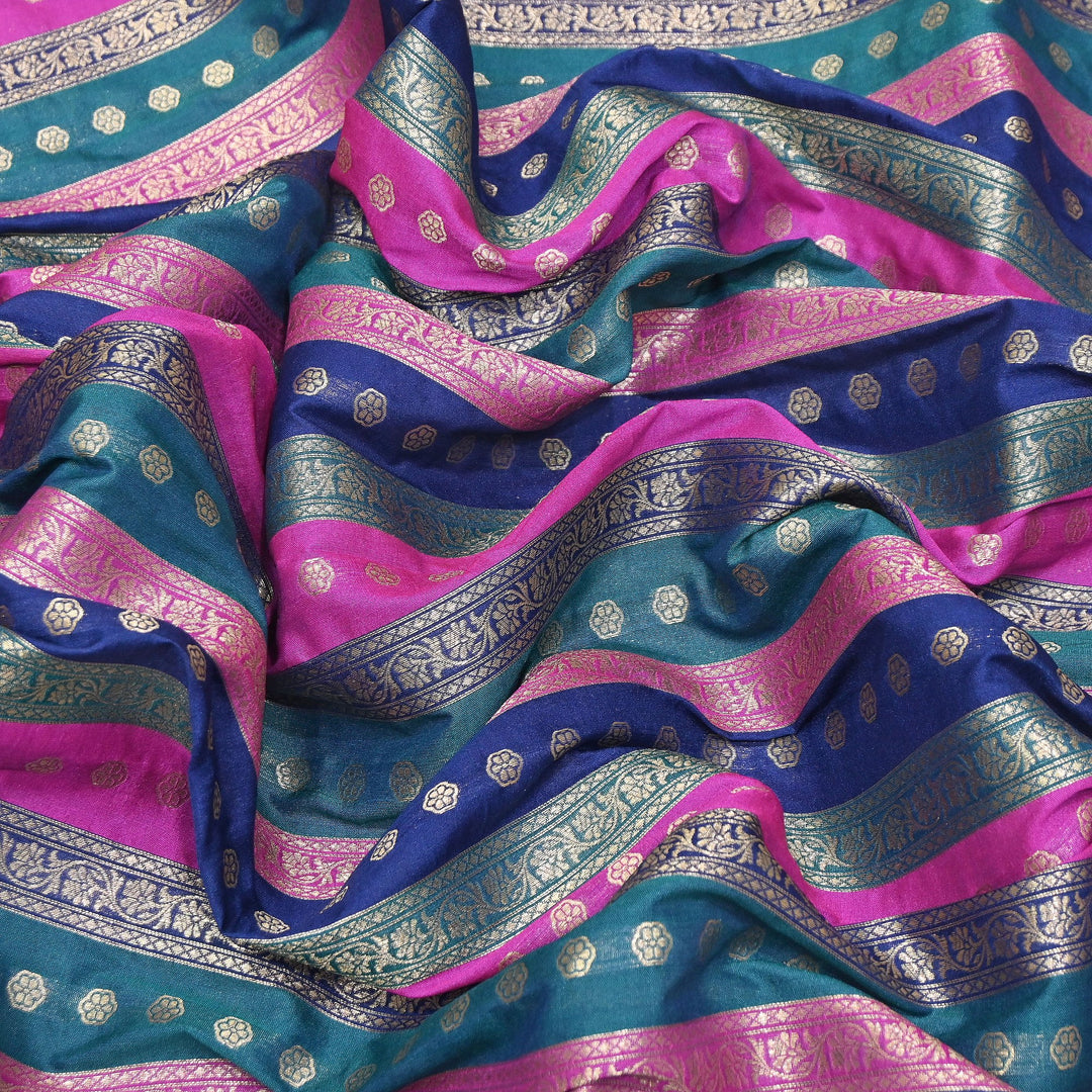 Premium Katan Silk Multi Rangat Zari Brocade Fabric | Multicolor Stripes & Zari Buti | RANG225-3
