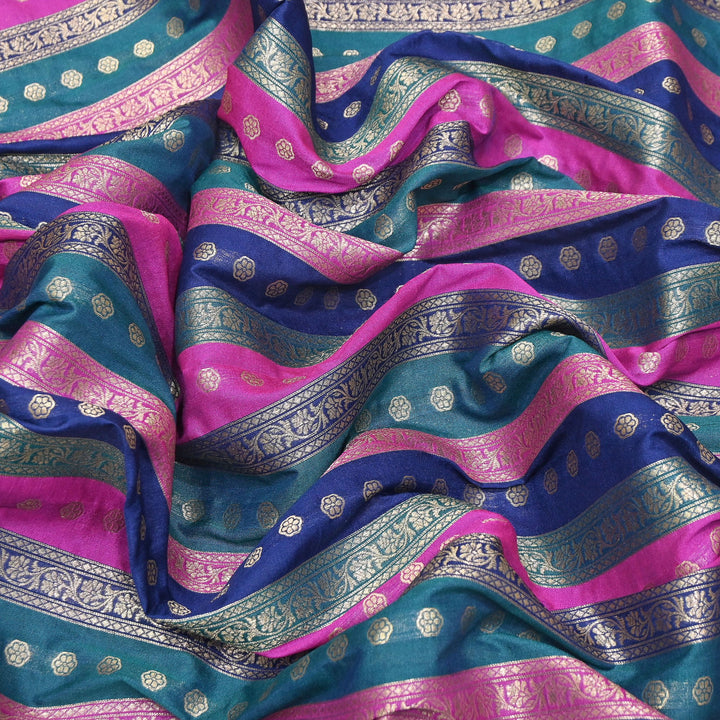 Premium Katan Silk Multi Rangat Zari Brocade Fabric | Multicolor Stripes & Zari Buti | RANG225-3