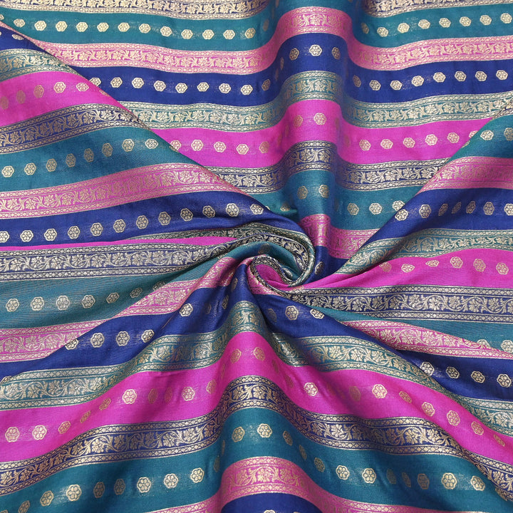 Premium Katan Silk Multi Rangat Zari Brocade Fabric | Multicolor Stripes & Zari Buti | RANG225-3
