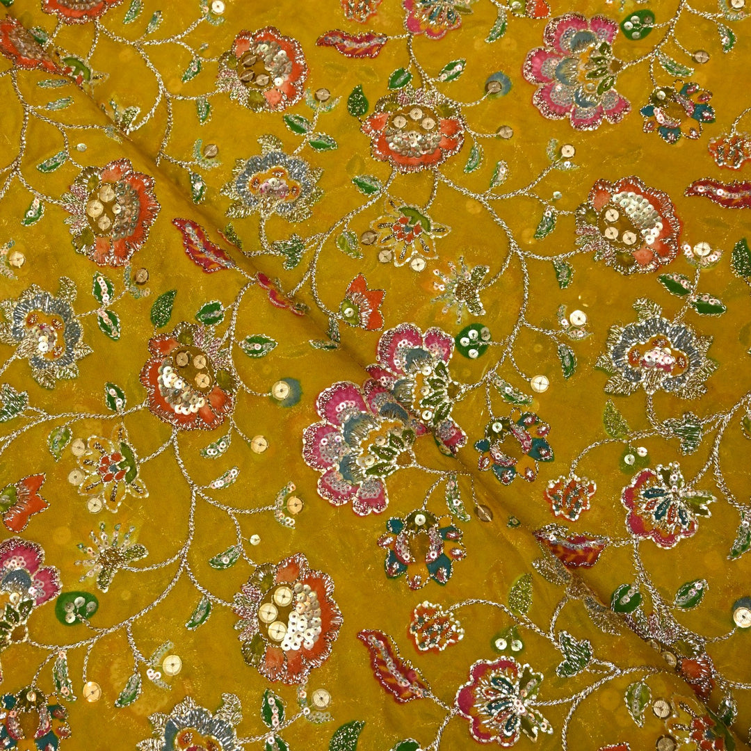 Glass Organza Position Print with Zari & Sequins Embroidery Fabrics