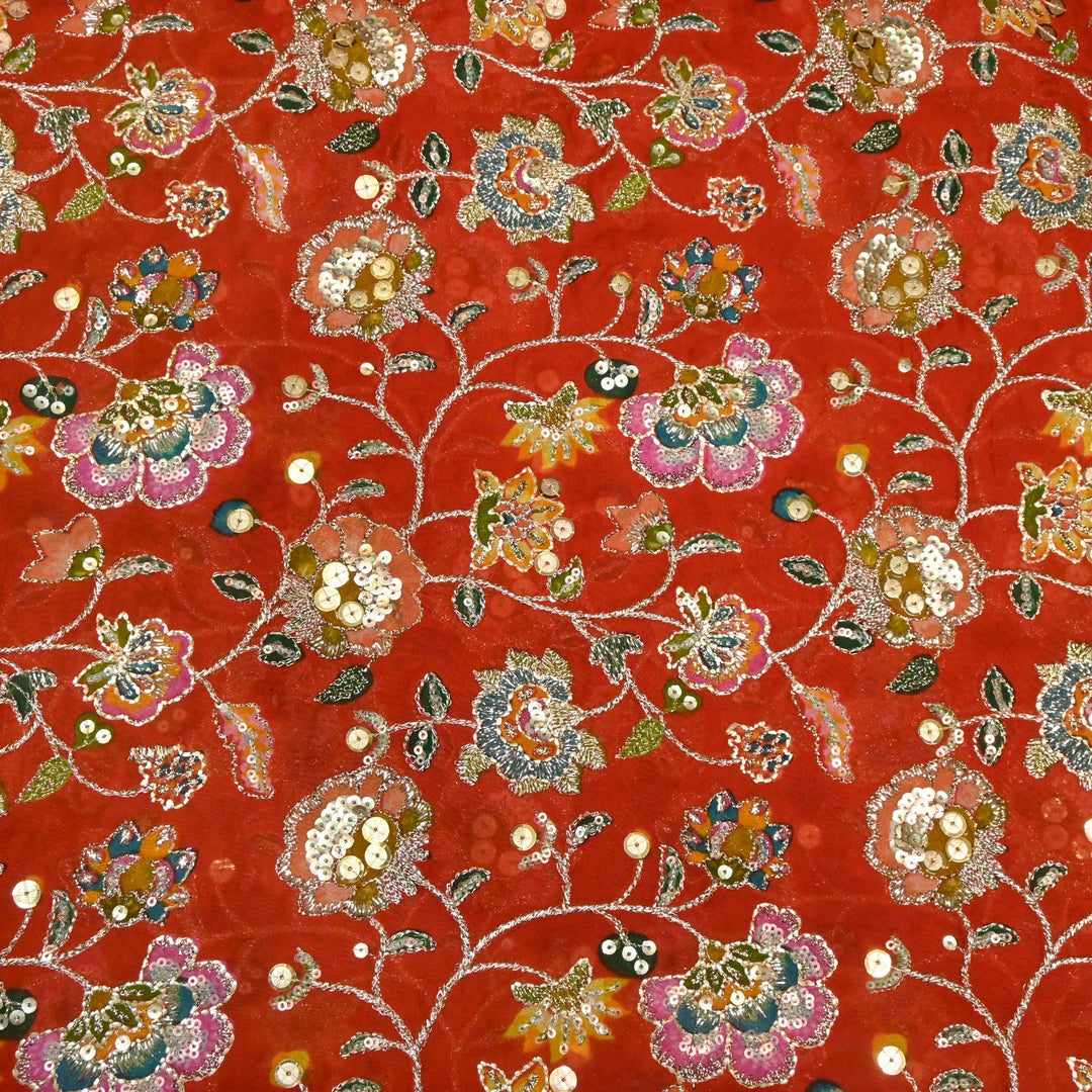 Glass Organza Position Print with Zari & Sequins Embroidery Fabrics