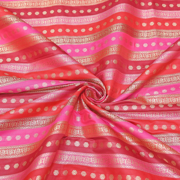 Premium Katan Silk Multi Rangat Zari Brocade Fabric | Multicolor Stripes & Zari Buti | RANG225-4