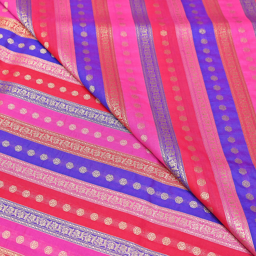 Premium Katan Silk Multi Rangat Zari Brocade Fabric | Multicolor Stripes & Zari Buti | RANG225-5