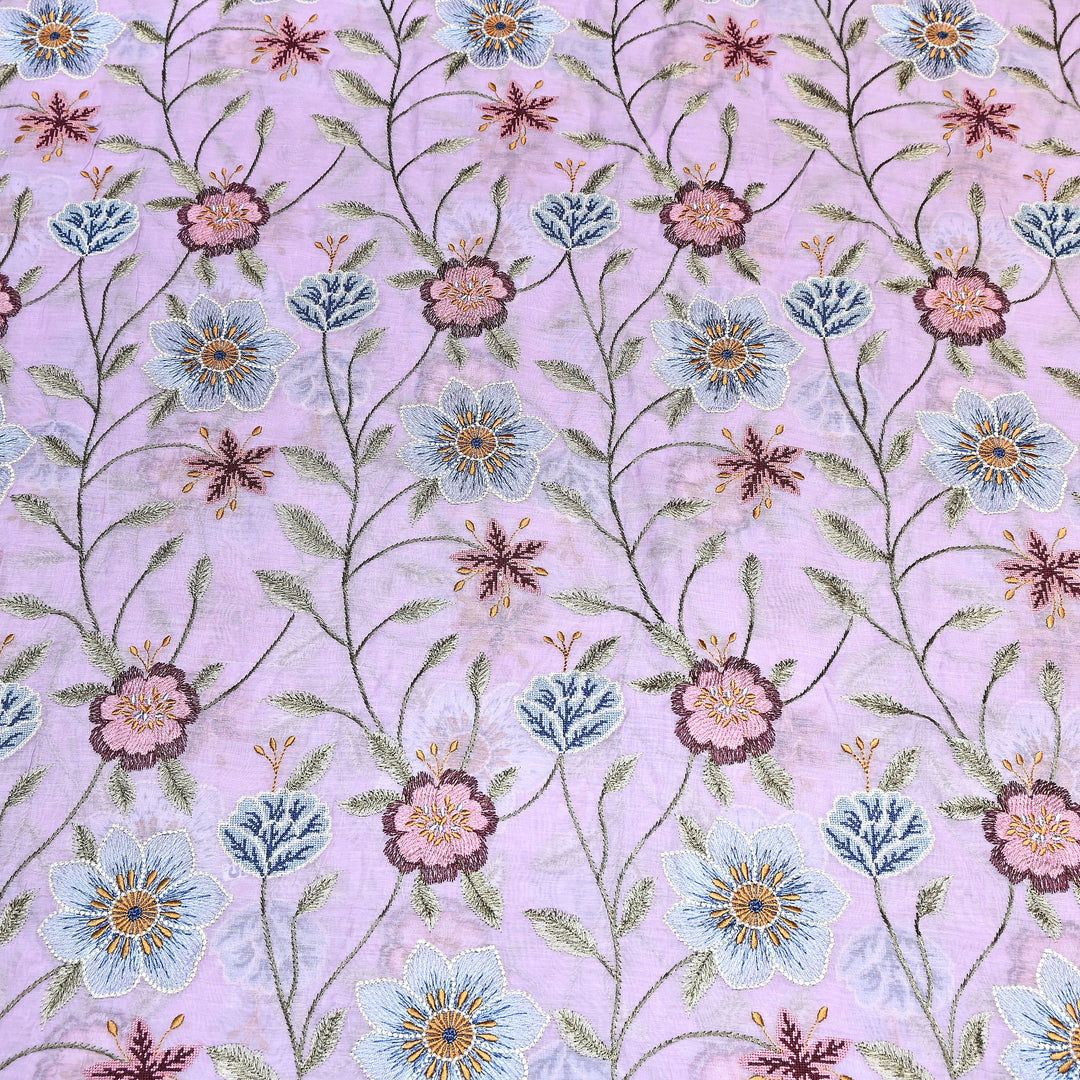Pastel lavender Color Mul Chanderi Floral Thread Embroidered Fabric - Chanderi Embroidery Fabrics GP3841-02