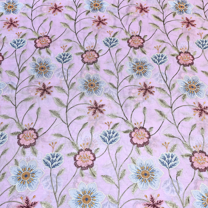 Pastel lavender Color Mul Chanderi Floral Thread Embroidered Fabric - Chanderi Embroidery Fabrics GP3841-02