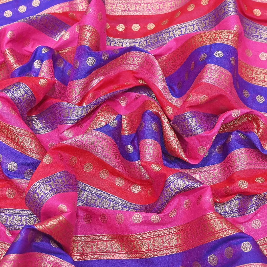 Premium Katan Silk Multi Rangat Zari Brocade Fabric | Multicolor Stripes & Zari Buti | RANG225-5