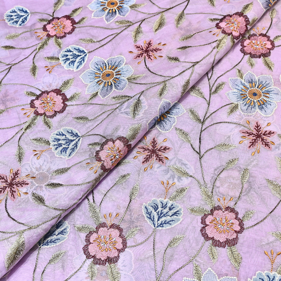 Pastel lavender Color Mul Chanderi Floral Thread Embroidered Fabric - Chanderi Embroidery Fabrics GP3841-02
