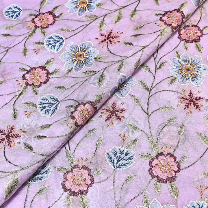 Pastel lavender Color Mul Chanderi Floral Thread Embroidered Fabric - Chanderi Embroidery Fabrics GP3841-02