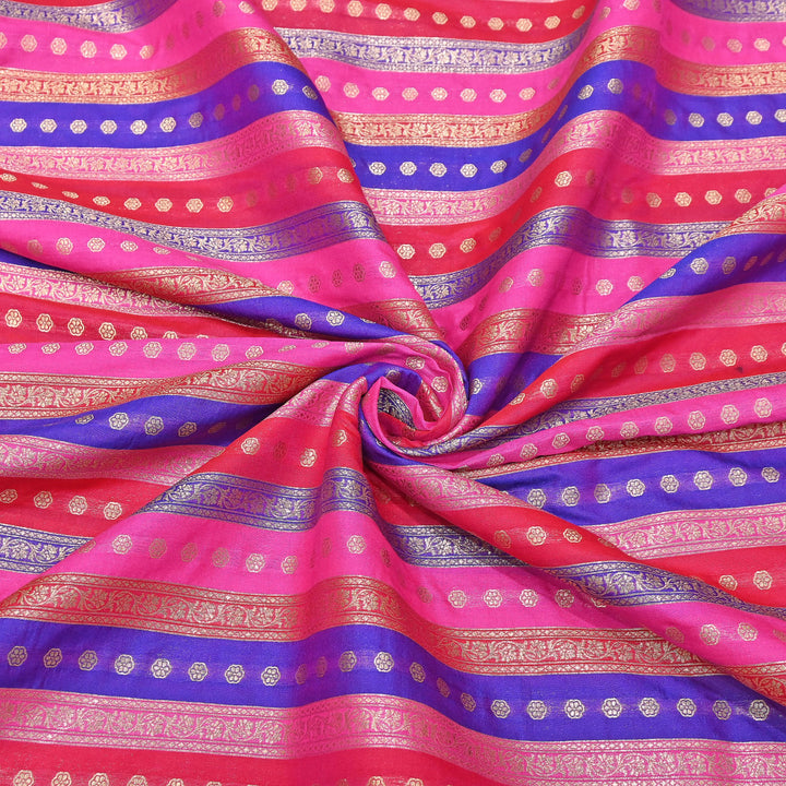 Premium Katan Silk Multi Rangat Zari Brocade Fabric | Multicolor Stripes & Zari Buti | RANG225-5