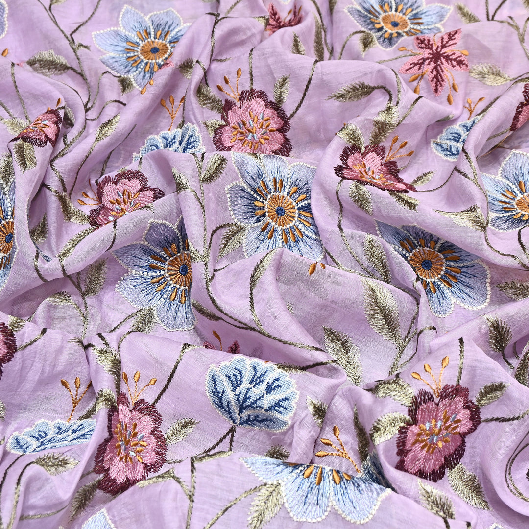 Pastel lavender Color Mul Chanderi Floral Thread Embroidered Fabric - Chanderi Embroidery Fabrics GP3841-02