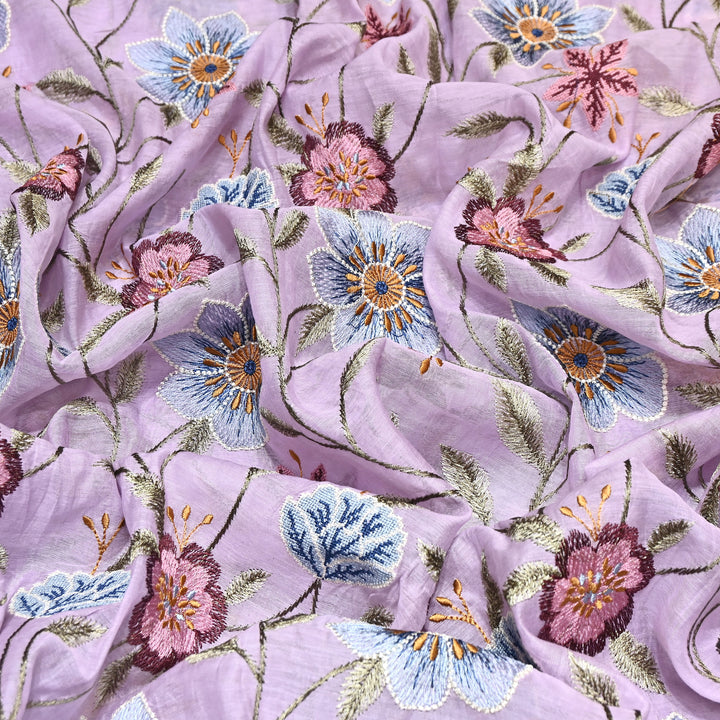 Pastel lavender Color Mul Chanderi Floral Thread Embroidered Fabric - Chanderi Embroidery Fabrics GP3841-02