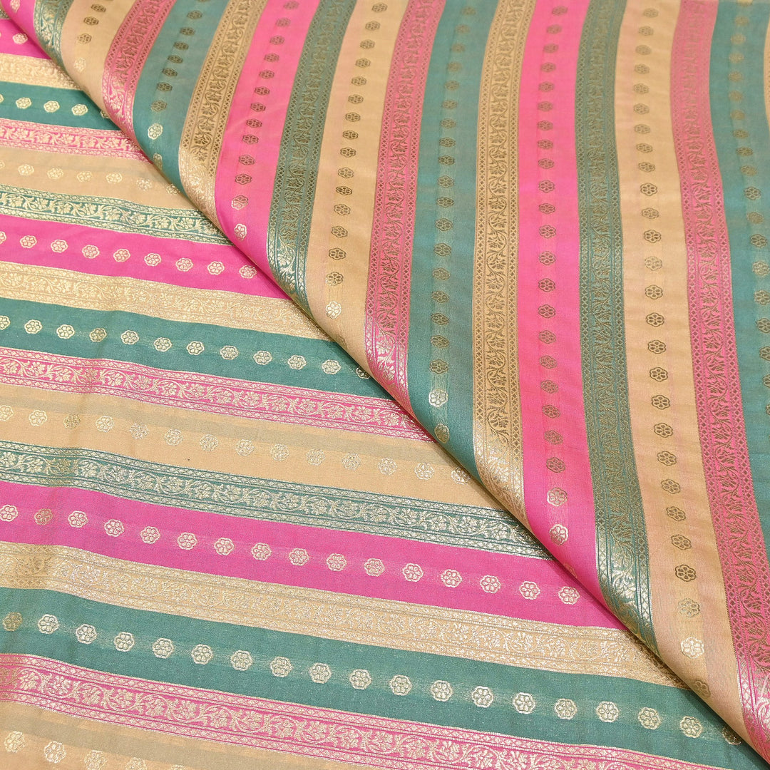 Premium Katan Silk Multi Rangat Zari Brocade Fabric | Multicolor Stripes & Zari Buti | RANG225-8