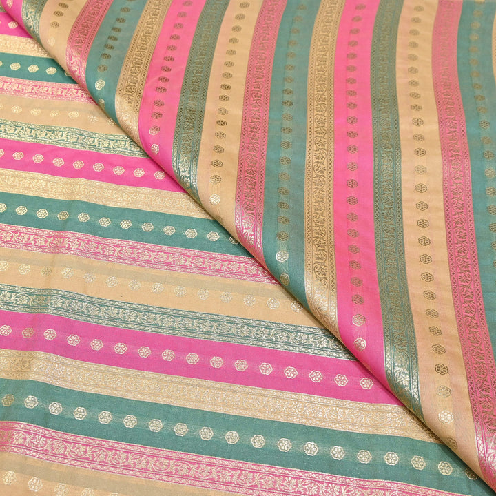 Premium Katan Silk Multi Rangat Zari Brocade Fabric | Multicolor Stripes & Zari Buti | RANG225-8