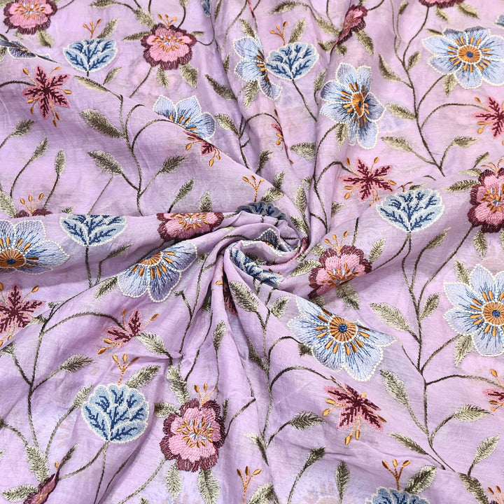 Pastel lavender Color Mul Chanderi Floral Thread Embroidered Fabric - Chanderi Embroidery Fabrics GP3841-02
