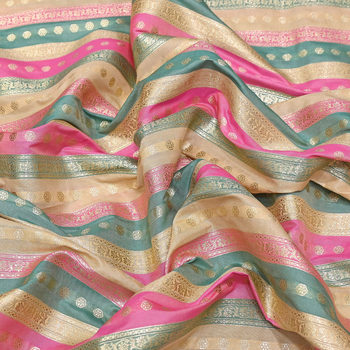 Premium Katan Silk Multi Rangat Zari Brocade Fabric | Multicolor Stripes & Zari Buti | RANG225-8