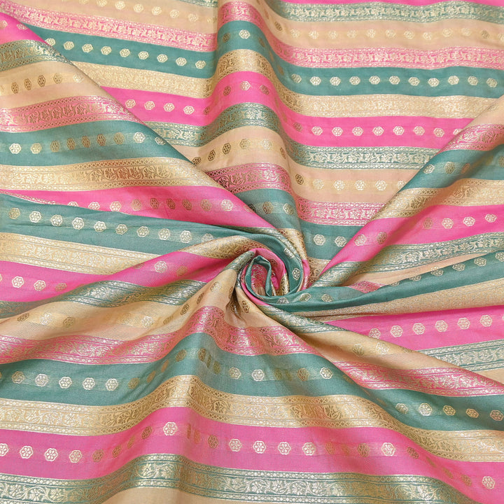 Premium Katan Silk Multi Rangat Zari Brocade Fabric | Multicolor Stripes & Zari Buti | RANG225-8