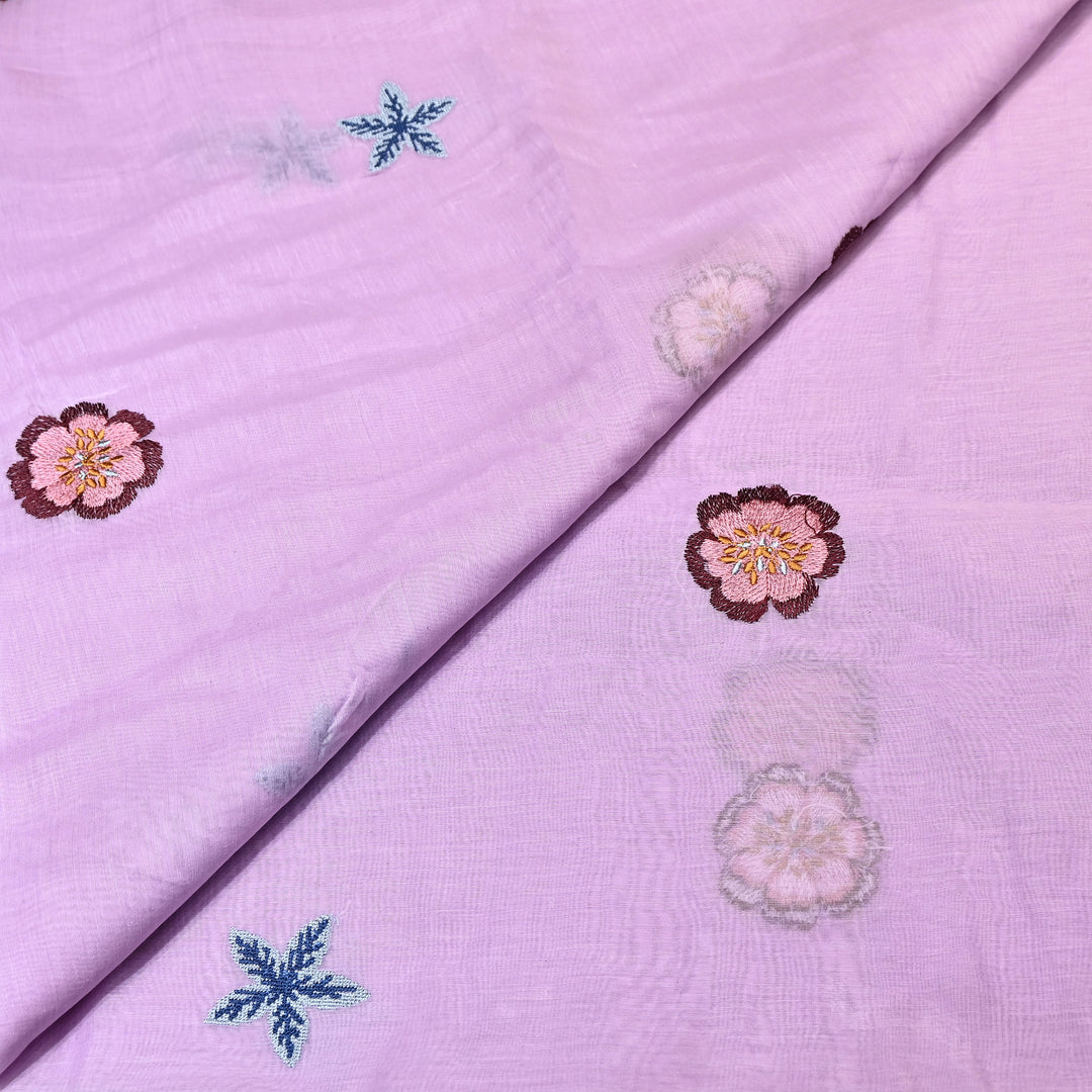 Pastel lavender Color Mul Chanderi Floral Thread Embroidered Fabric - Chanderi Embroidery Fabrics GP3841A-02
