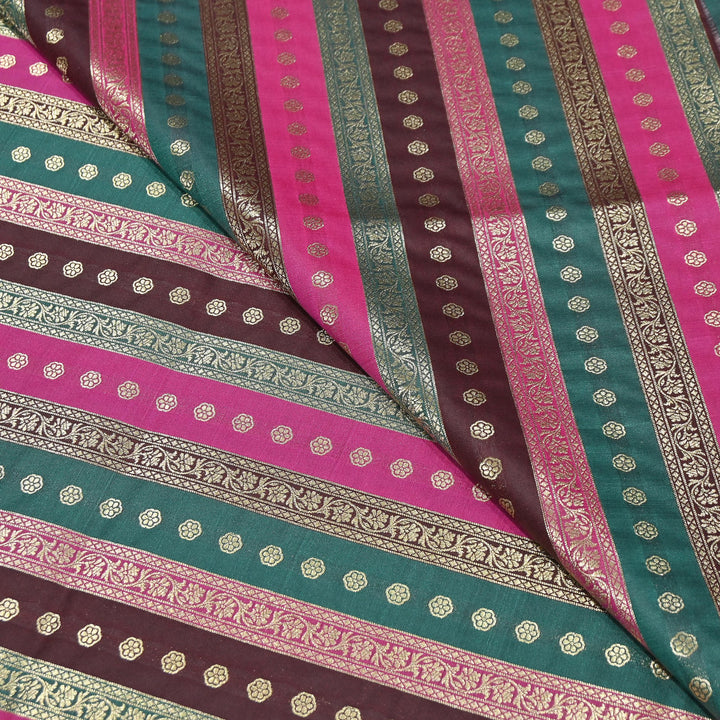 Premium Katan Silk Multi Rangat Zari Brocade Fabric | Multicolor Stripes & Zari Buti | RANG225-6