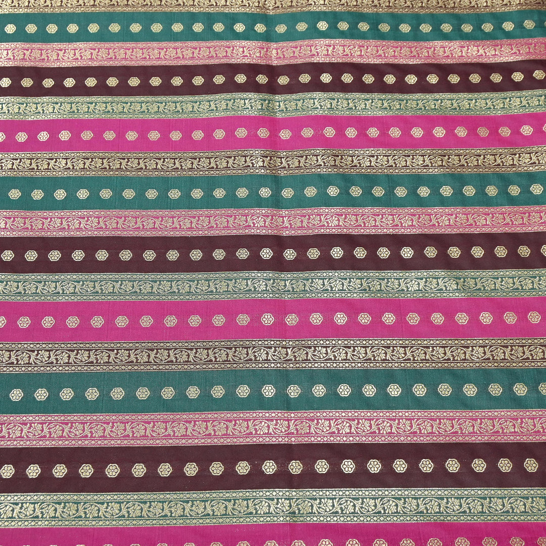 Premium Katan Silk Multi Rangat Zari Brocade Fabric | Multicolor Stripes & Zari Buti | RANG225-6
