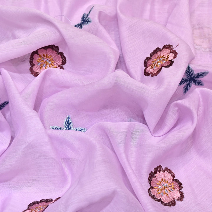 Pastel lavender Color Mul Chanderi Floral Thread Embroidered Fabric - Chanderi Embroidery Fabrics GP3841A-02