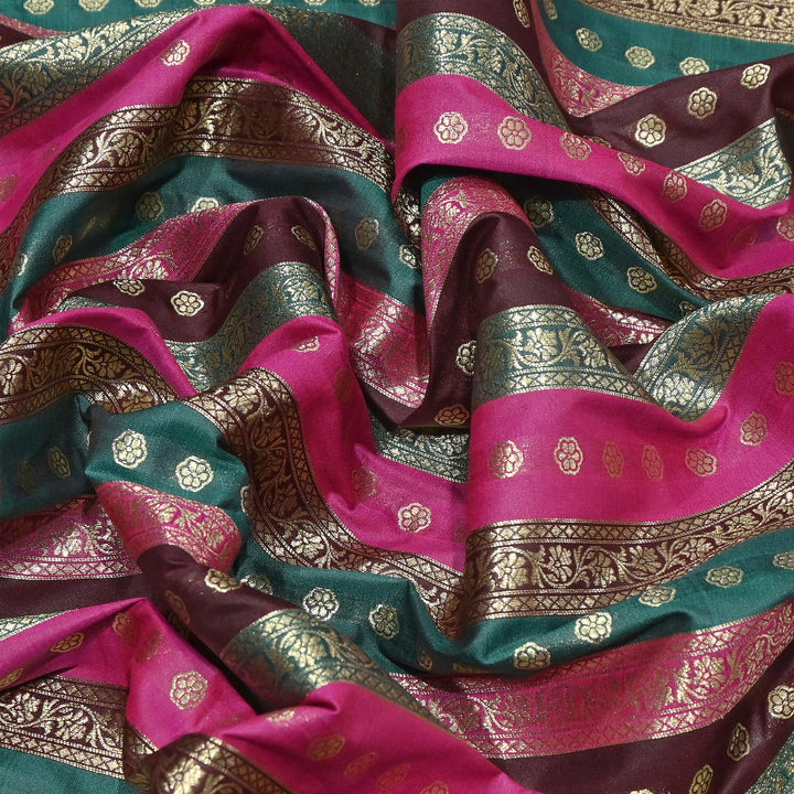Premium Katan Silk Multi Rangat Zari Brocade Fabric | Multicolor Stripes & Zari Buti | RANG225-6