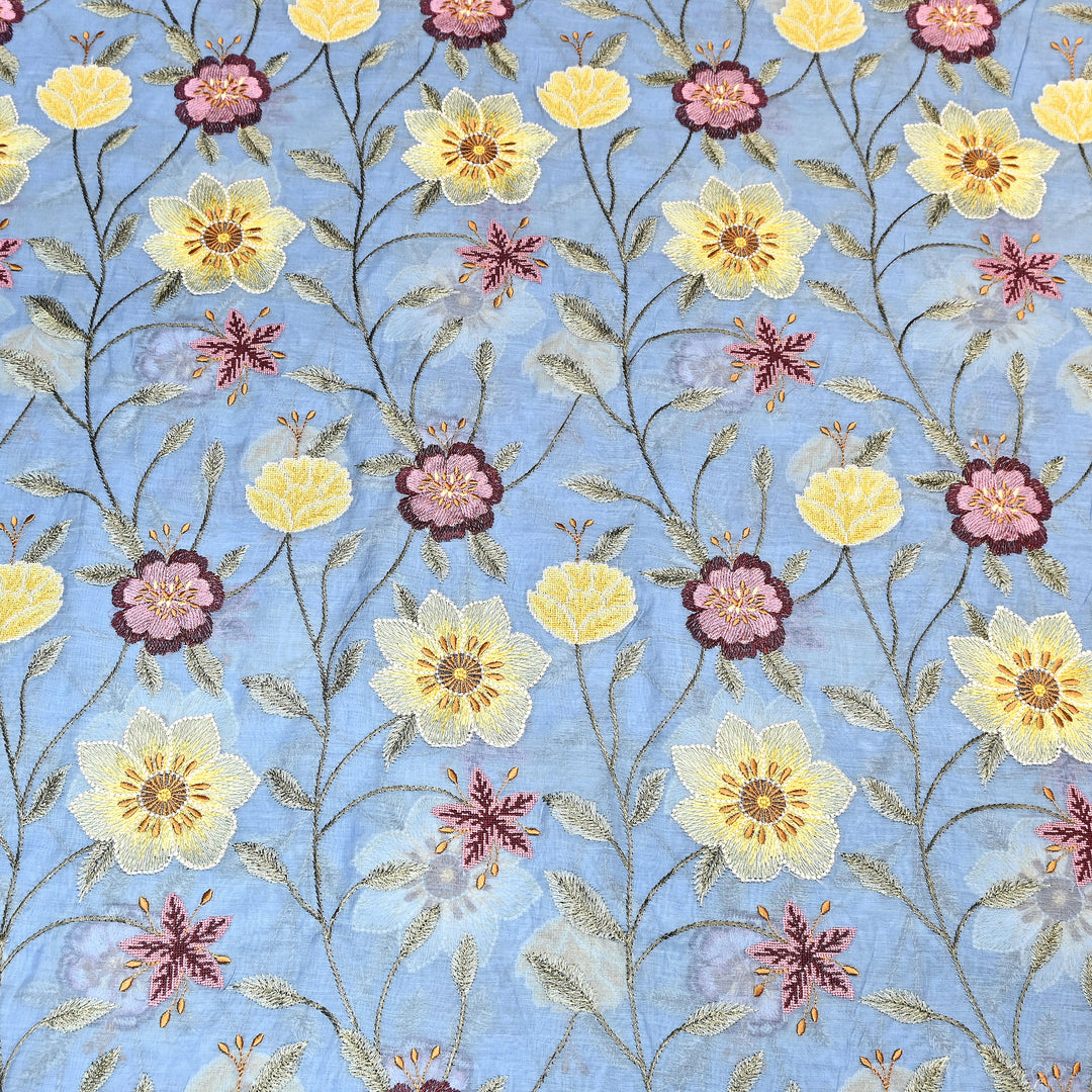 Powder Blue Color Mul Chanderi Floral Thread Embroidered Fabric - Chanderi Embroidery Fabrics GP3841-03