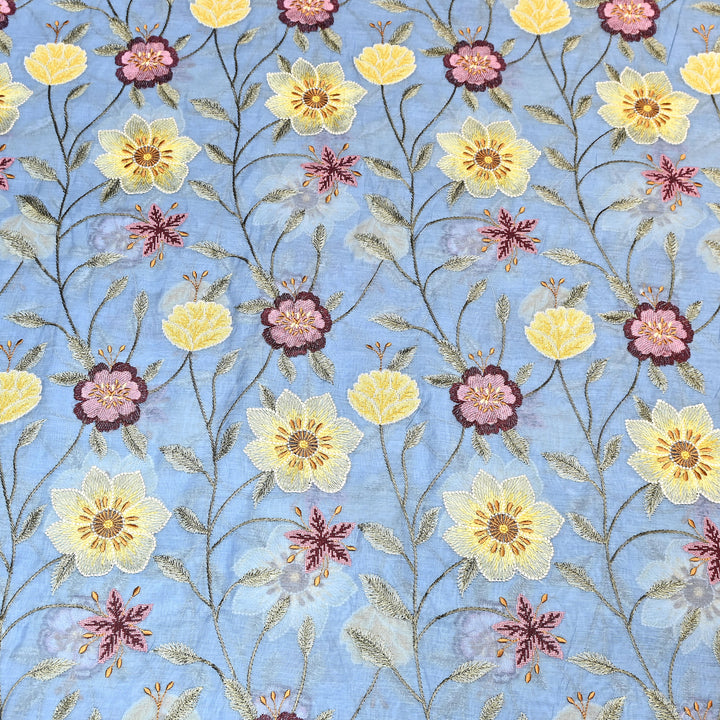 Powder Blue Color Mul Chanderi Floral Thread Embroidered Fabric - Chanderi Embroidery Fabrics GP3841-03