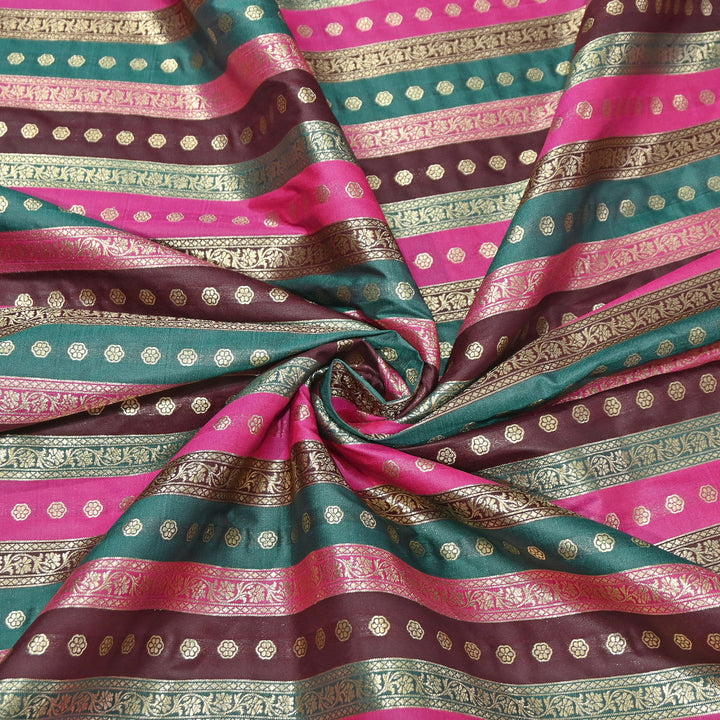 Premium Katan Silk Multi Rangat Zari Brocade Fabric | Multicolor Stripes & Zari Buti | RANG225-6