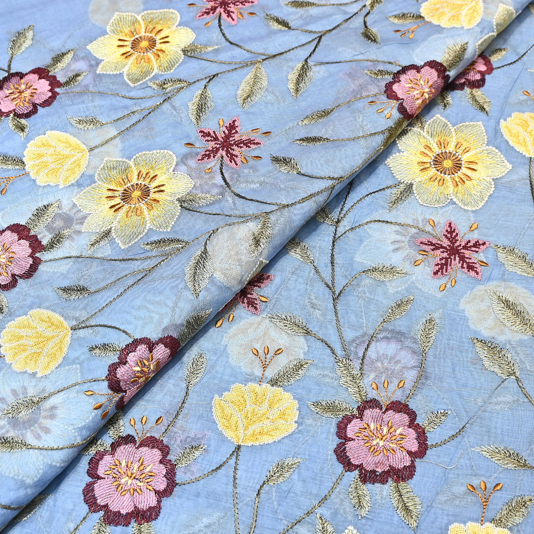 Powder Blue Color Mul Chanderi Floral Thread Embroidered Fabric - Chanderi Embroidery Fabrics GP3841-03