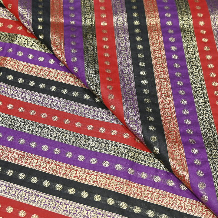 Premium Katan Silk Multi Rangat Zari Brocade Fabric | Multicolor Stripes & Zari Buti | RANG225-7