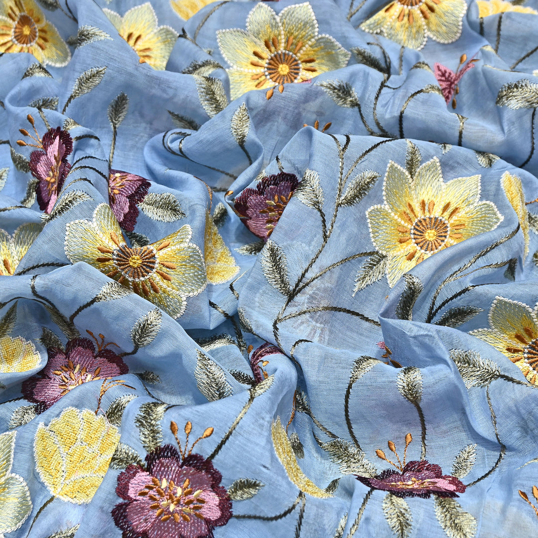 Powder Blue Color Mul Chanderi Floral Thread Embroidered Fabric - Chanderi Embroidery Fabrics GP3841-03