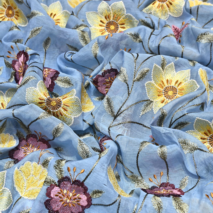 Powder Blue Color Mul Chanderi Floral Thread Embroidered Fabric - Chanderi Embroidery Fabrics GP3841-03