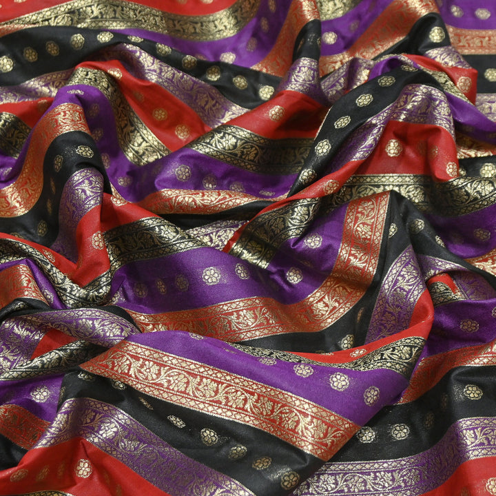 Premium Katan Silk Multi Rangat Zari Brocade Fabric | Multicolor Stripes & Zari Buti | RANG225-7