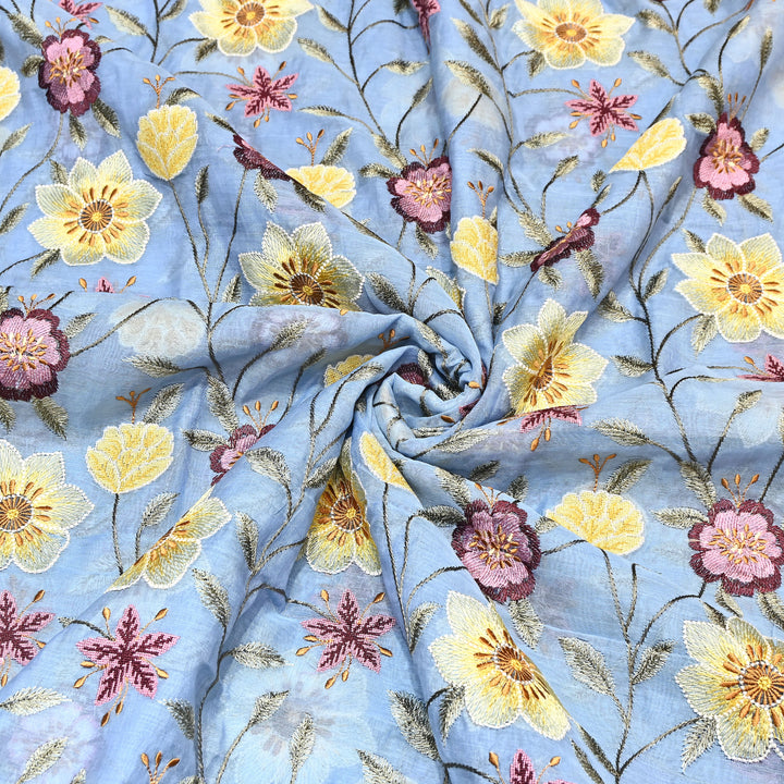 Powder Blue Color Mul Chanderi Floral Thread Embroidered Fabric - Chanderi Embroidery Fabrics GP3841-03