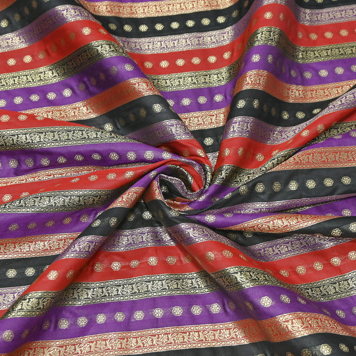 Premium Katan Silk Multi Rangat Zari Brocade Fabric | Multicolor Stripes & Zari Buti | RANG225-7