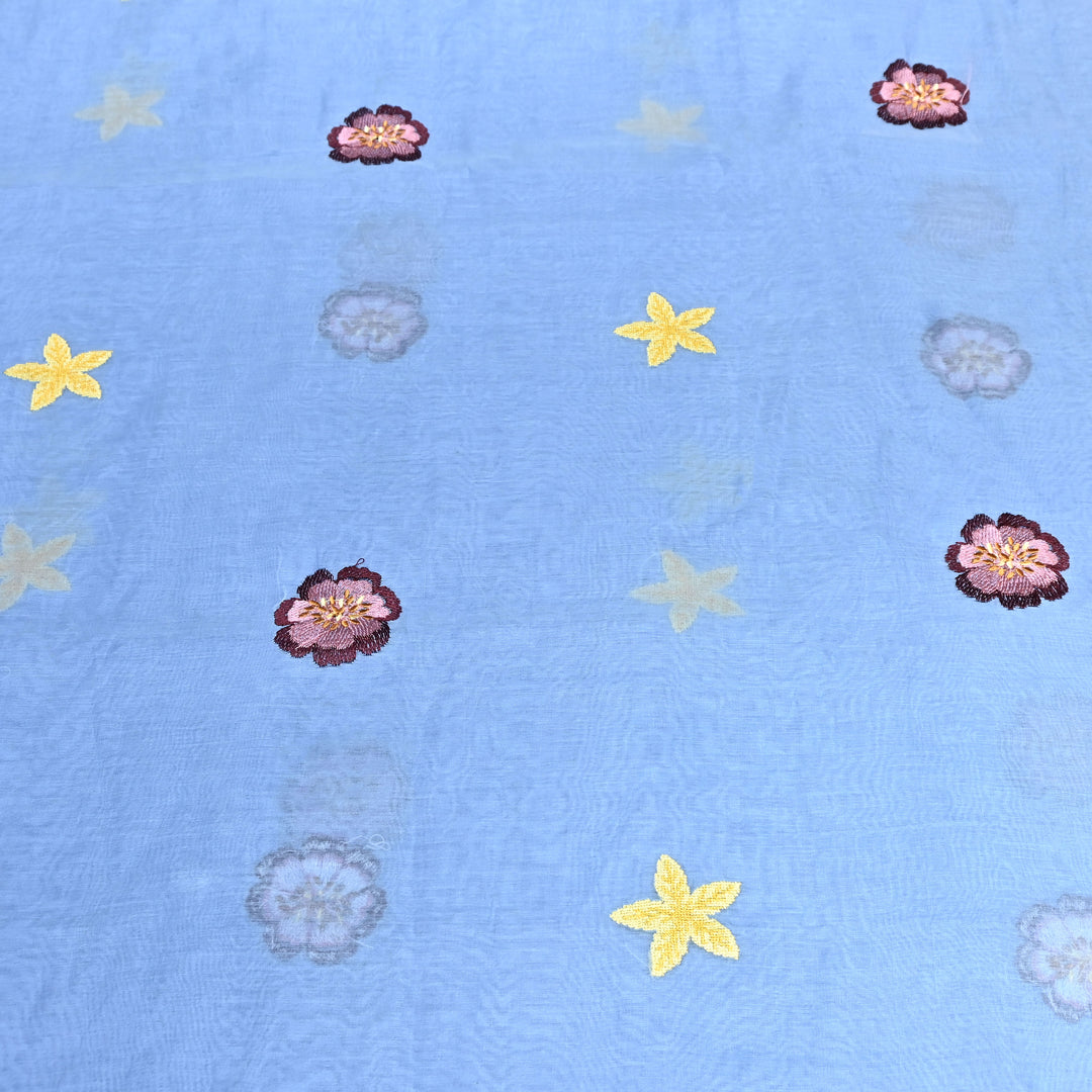 Powder Blue Color Mul Chanderi Floral Thread Embroidered Fabric - Chanderi Embroidery Fabrics GP3841A-03