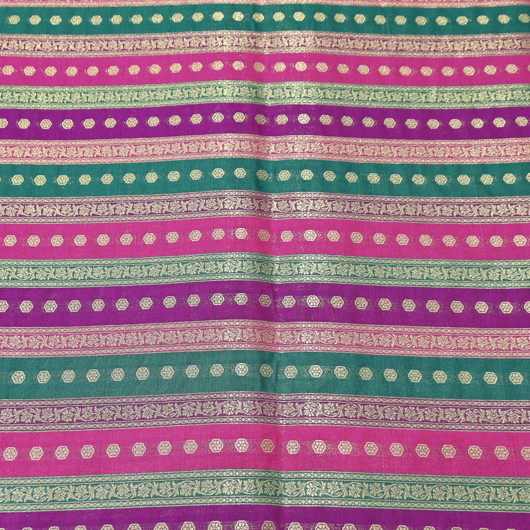 Premium Katan Silk Multi Rangat Zari Brocade Fabric | Multicolor Stripes & Zari Buti | RANG225-9