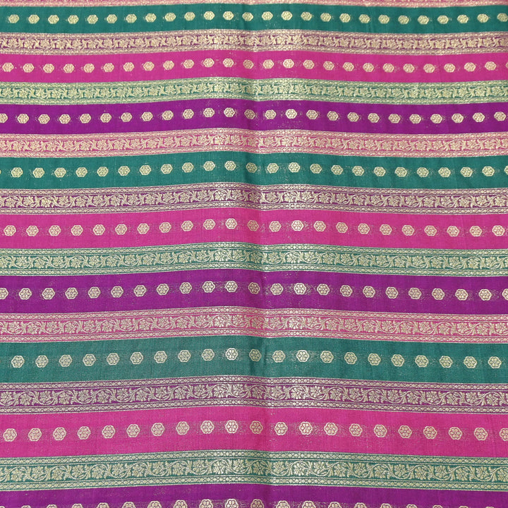 Premium Katan Silk Multi Rangat Zari Brocade Fabric | Multicolor Stripes & Zari Buti | RANG225-9