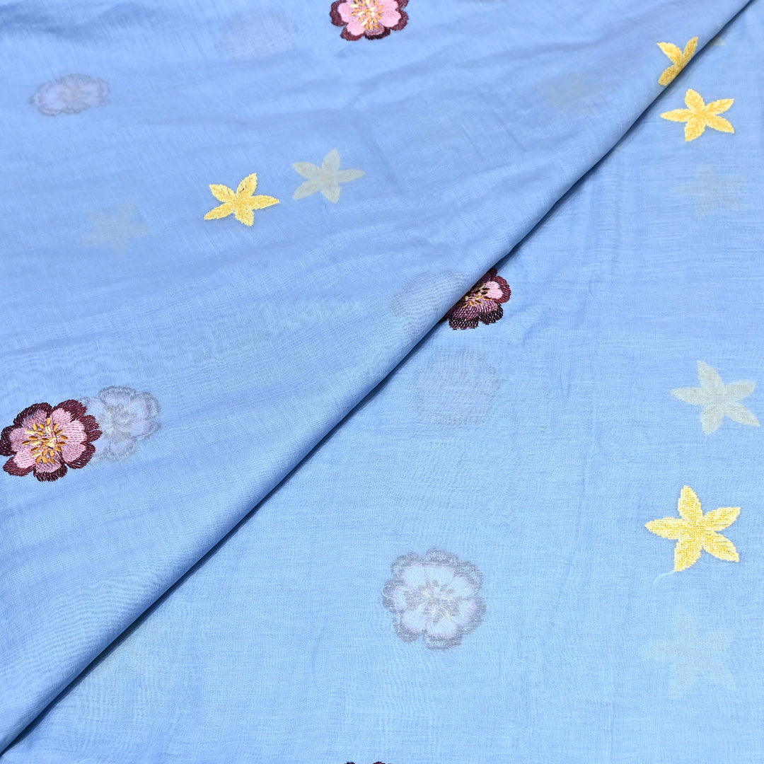 Powder Blue Color Mul Chanderi Floral Thread Embroidered Fabric - Chanderi Embroidery Fabrics GP3841A-03