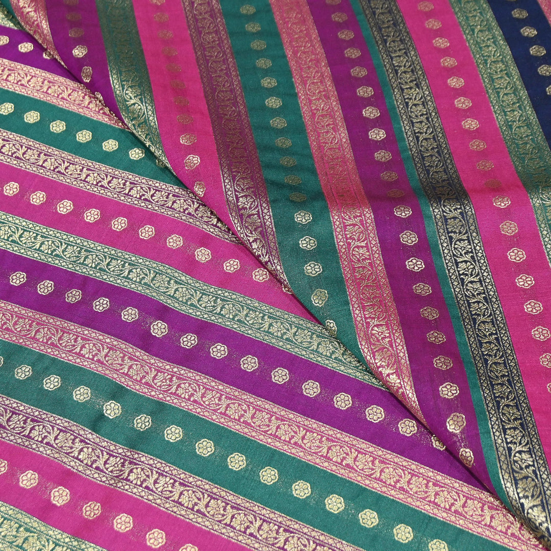 Premium Katan Silk Multi Rangat Zari Brocade Fabric | Multicolor Stripes & Zari Buti | RANG225-9